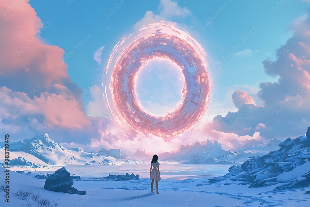 Poster Woman gazing at a glowing ring portal in a snowy landscape.