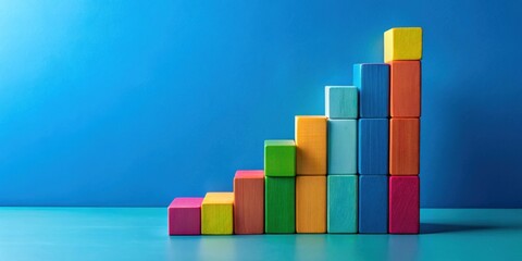 Colorful ascending blocks symbolizing growth on a blue background, Success, progress, development, growth, achievement