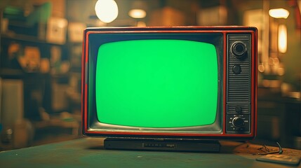 Vintage Television with Green Screen Display in a Retro Setting