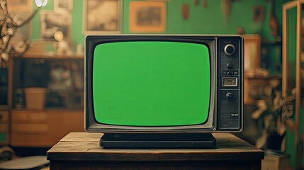 Vintage Television with Green Screen in Retro Room