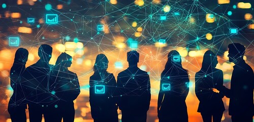 Visual of business professionals in collaboration with networking symbols depicted.