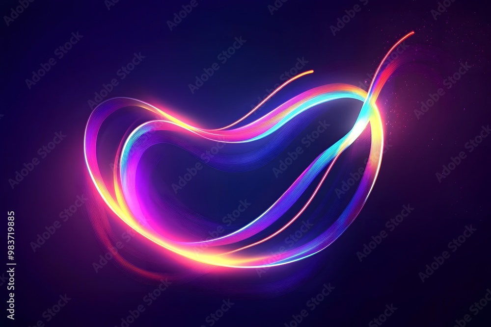Poster abstract background with neon glowing lines forming an shape, vibrant and dynamic curves on a dark p