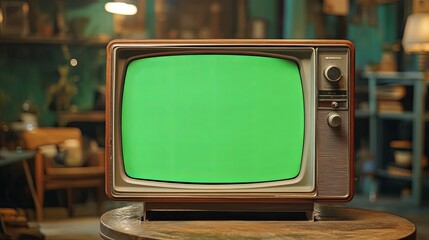 Vintage Television with a Green Screen Display in a Retro Setting