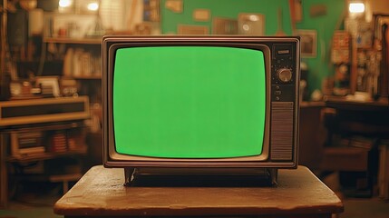 Vintage Television with Green Screen in a Retro Setting