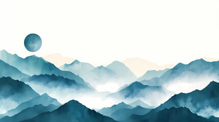 chinese style landscape painting, white background, minimalist lines, turquoise and gray gradient mountains with small moon in the sky, ink wash, delicate brushstrokes, hi. Ink Wash. Illustration