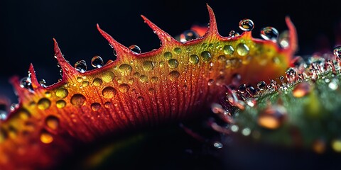 A close-up of the mouth and thorns on a venus flytrap, with water droplets reflecting light in its colorful