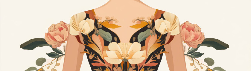 A stunning Art Nouveau cocktail dress design featuring symmetrical floral patterns and elegant detailing. intricate floral motifs create captivating visual appeal