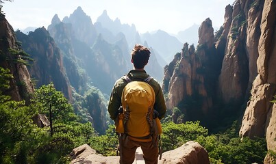 Obraz premium Hiker Gazing at the Majestic Mountain Valley