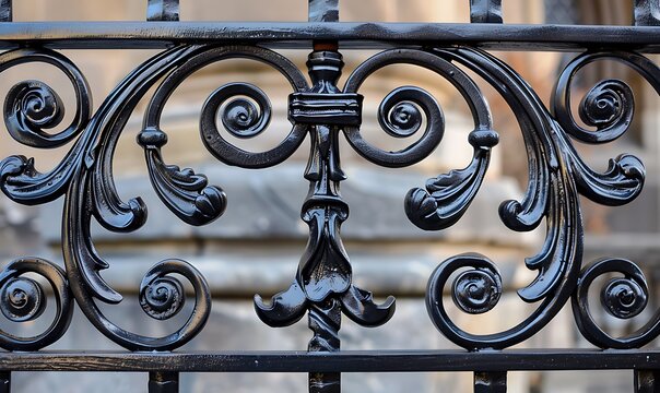 Detail of a black wrought iron fence on a street in Paris