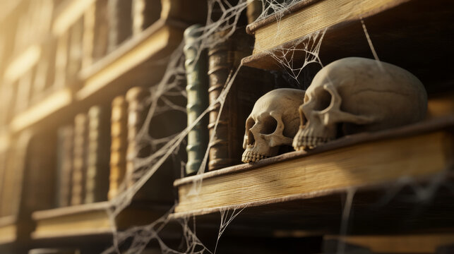 Ancient books and skulls are arranged on dusty shelves, enveloped in cobwebs, creating mysterious and eerie atmosphere in this library