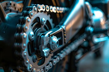 Close-up of a motorcycle chain. Details of a bicycle.