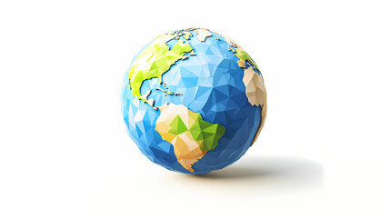 Low poly earth globe icon with realistic world map and shadow on white background 3d illustration. Low Poly. Illustration