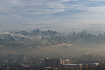 Smog over the Kazakh city of Almaty on a winter evening