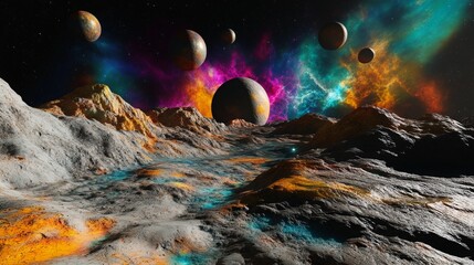 Obraz premium An alien planetâ€™s surface with colorful gases and multiple moons visible in the sky