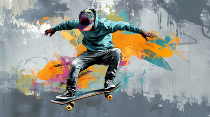 Man in a cap on a skateboard graffiti style on a gray wall. Graffiti Mural. Illustration