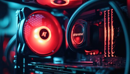 A close-up of the red fans inside a gaming PC, surrounded by black cables