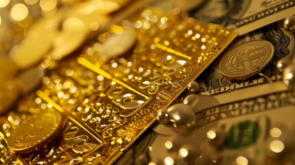 Golden lottery ticket with sparkling numbers, surrounded by coins and dollar bills, symbolizing a life-changing jackpot win and the excitement of potential wealth.