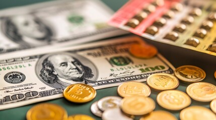 Fototapeta premium Golden lottery ticket with sparkling numbers, surrounded by coins and dollar bills, symbolizing a life-changing jackpot win and the excitement of potential wealth.