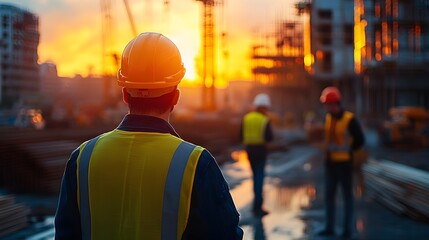 Silhouettes of engineers overseeing a construction site, with cranes and equipment blurred in the background, symbolizing modern infrastructure development.