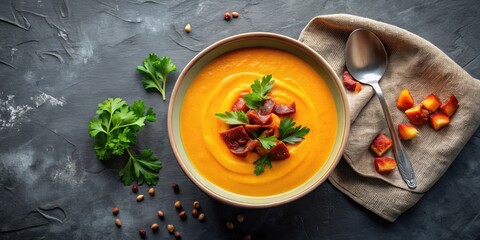 Pumpkin cream soup with crispy bacon and parsley garnish, top view, pumpkin, cream soup, crispy bacon, top view