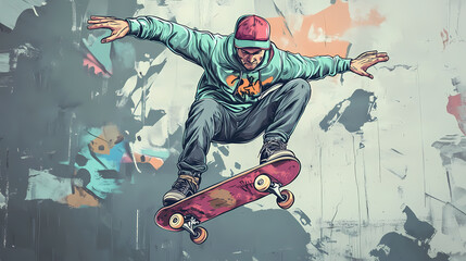 Man in a cap on a skateboard graffiti style on a gray wall. Graffiti Mural. Illustration