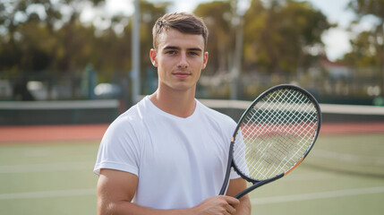 Australian athlete man holding a tennis racket on an outdoor tennis court