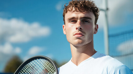 Australian athlete man holding a tennis racket on an outdoor tennis court