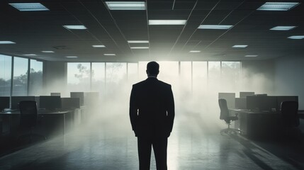 Businessman standing alone in an empty office, reflecting on closure, void of furniture, sunlight streaming through windows, capturing poignant moment of transition and loss