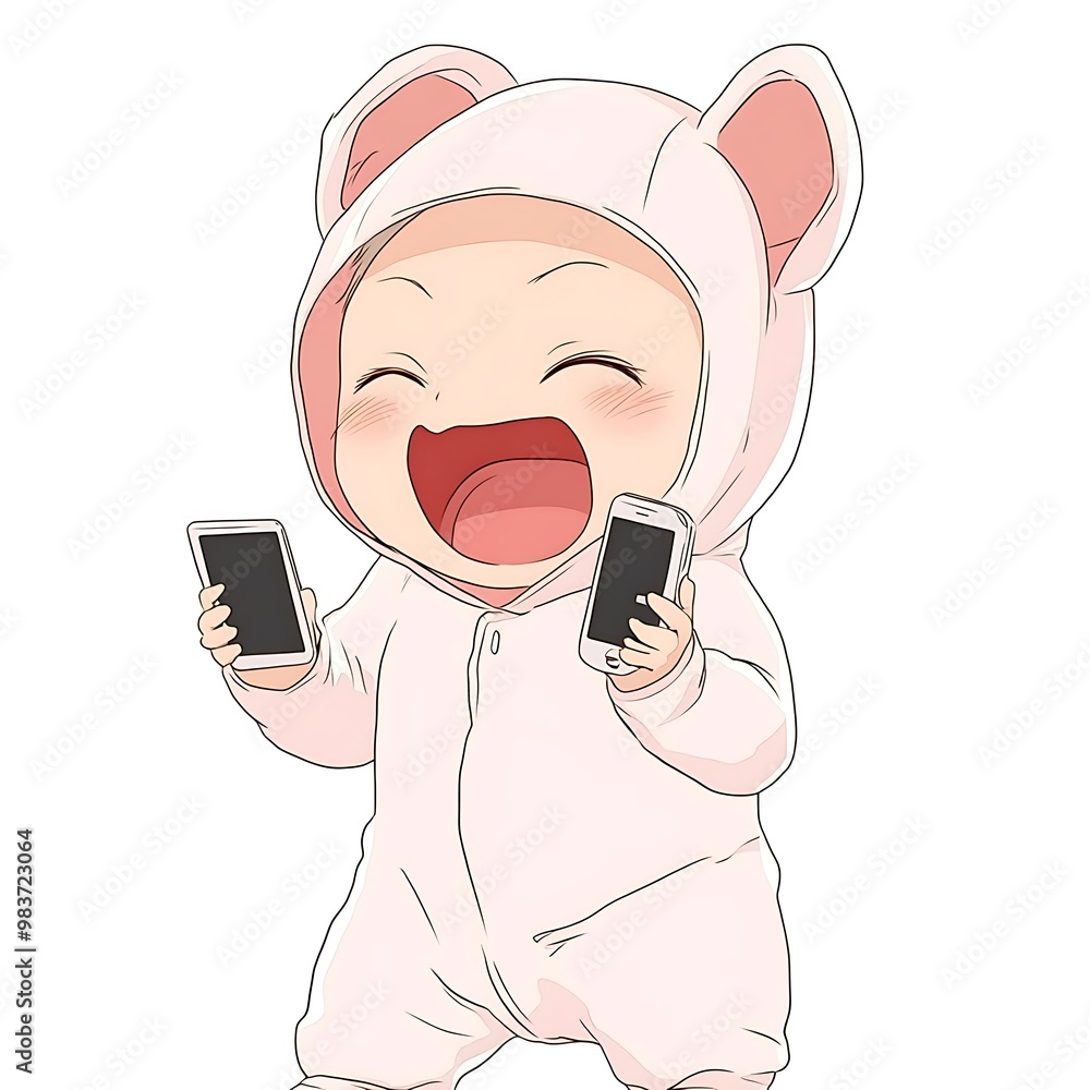 Wall mural Happy Baby in a Bear Costume Holding Two Smartphones.