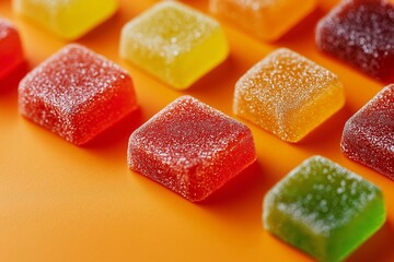 Gummy candy fruit on orange background 