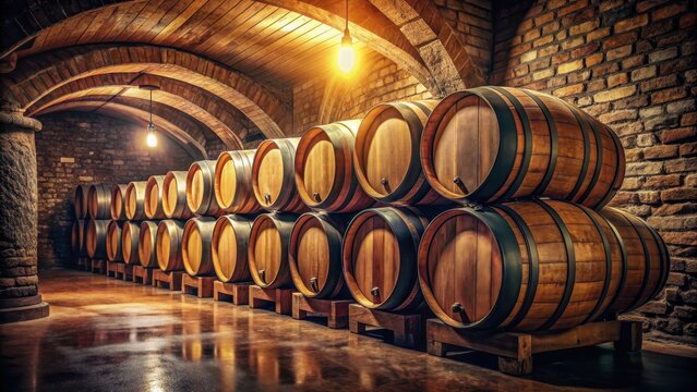Wooden wine barrels in a dimly lit cellar, creating a rustic and vintage atmosphere , wine, cognac, barrels, winery, cellar