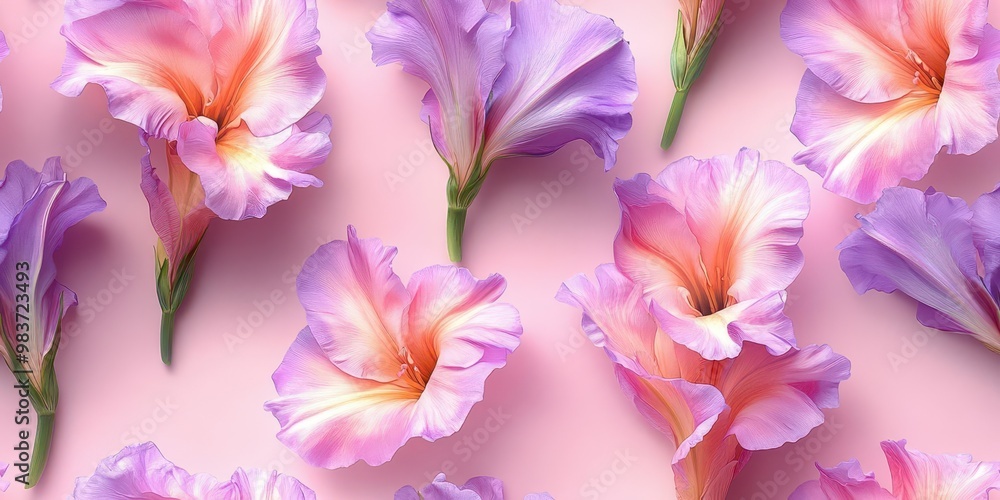 Poster a top down view of a soft lavender pastel background with a gladiolus pattern adds a touch of elegan