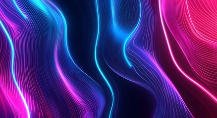 Obraz premium Abstract background with neon glowing lines in curved shapes on a dark blue and purple background, 