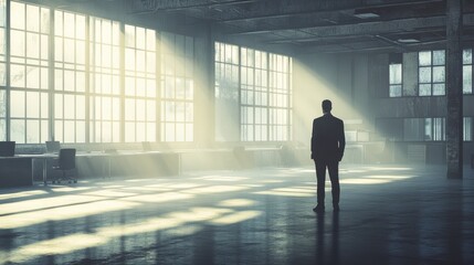 Fototapeta premium Businessman standing alone in an empty office, reflecting on closure, void of furniture, sunlight streaming through windows, capturing poignant moment of transition and loss