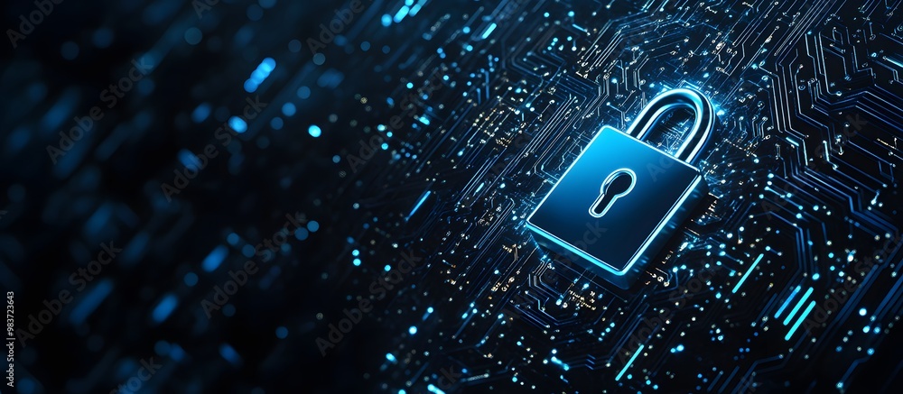Poster abstract blue digital security lock icon on a dark background with a circuit board pattern, symboliz