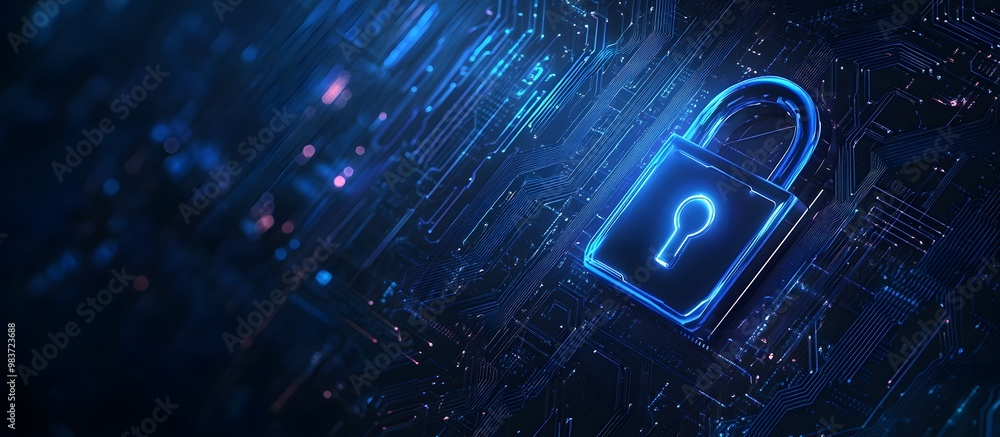 Poster abstract blue digital security lock icon on a dark background with a circuit board pattern, symboliz