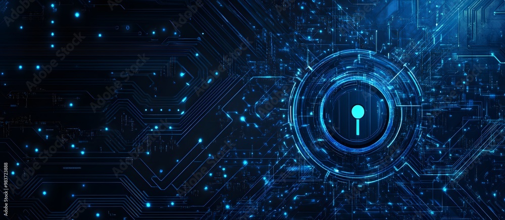 Poster abstract blue digital security lock icon on a dark background with a circuit board pattern, symboliz
