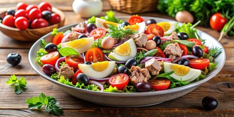 Fresh and colorful Nicoise salad with mixed greens, tomatoes, olives, and tuna , Salad, Nicoise, Mixed greens, Fresh