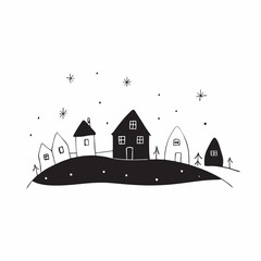 Christmas suburban winter wonderland with colorful lights, Christmas decorated houses, Christmas colorful lights, night time, starry night