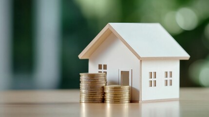 A small wooden house model sits on a table with a stack of coins in front of it.  This image symbolizes saving, investing, homeownership, financial security, and future planning.