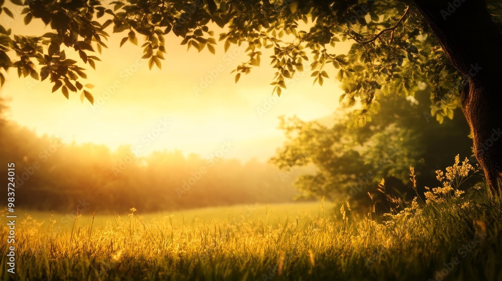 Poster a soft focus image of a golden sunrise filtering through the branches of a tree in a dreamy field. a