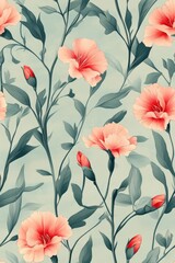 Dianthus pattern on soft mint pastel background, top down view