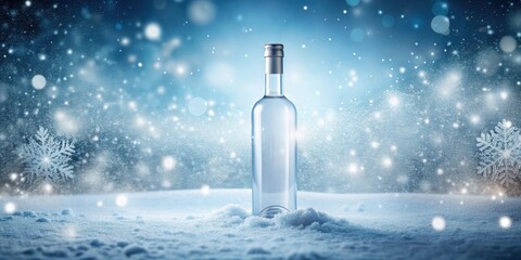 Luxurious vodka bottle in a snowy setting with blank label mockup and snowflakes on the cap, vodka, bottle, snowy, winter