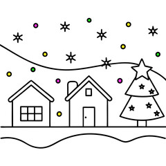 Fototapeta premium Christmas suburban winter wonderland with colorful lights, Christmas decorated houses, Christmas colorful lights, night time, starry night