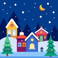Obraz premium Christmas suburban winter wonderland with colorful lights, Christmas decorated houses, Christmas colorful lights, night time, starry night