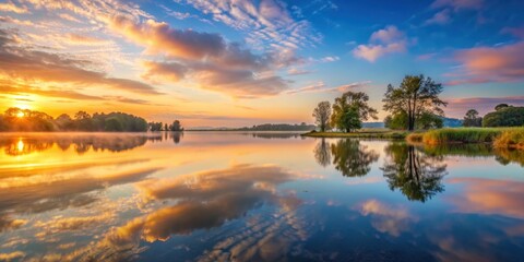 Sunrise over a tranquil lake with reflections of the sky , sunrise, lake, water, reflection, peaceful, dawn, morning, idyllic