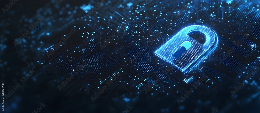 Poster abstract blue digital security lock icon on a dark background with a circuit board pattern, symboliz