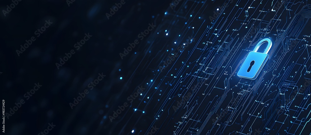 Poster abstract blue digital security lock icon on a dark background with a circuit board pattern, symboliz