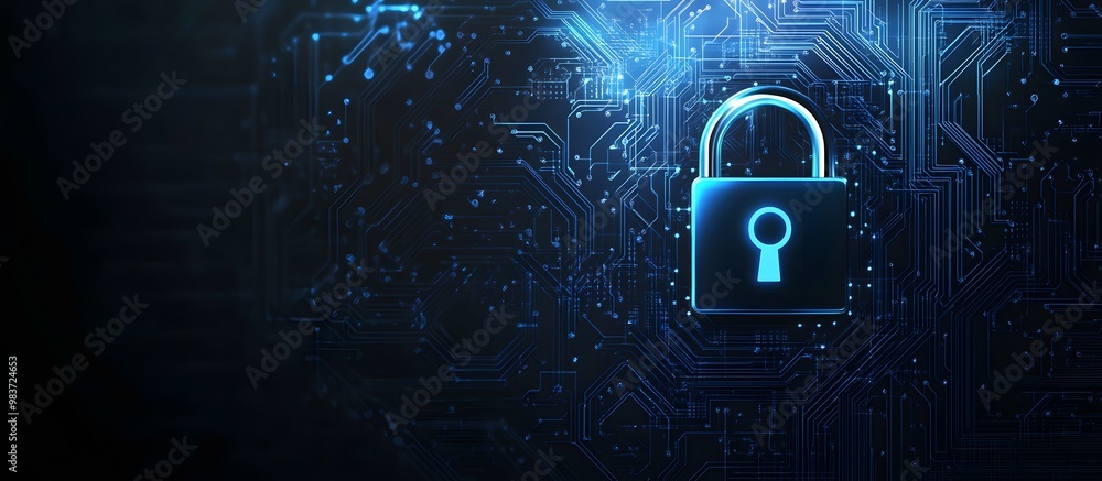 Poster abstract blue digital security lock icon on a dark background with a circuit board pattern, symboliz