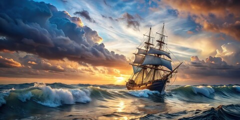 Obraz premium 18th century sailing ship sailing in the vast ocean amidst crashing waves with a beautiful sky in the background